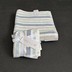5pc Kassa Spa White Blue Striped Stripes Towels Washcloths Quick Dry 100% Cotton